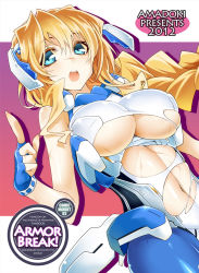 Rule 34 | 1girl, blonde hair, blue eyes, blue gloves, breasts, fingerless gloves, gloves, huge breasts, kodama yuu, kyoukaisenjou no horizon, mary stuart, navel, open mouth, scar, shiny skin, shirt, skindentation, solo, taut clothes, taut shirt, torn clothes, underboob, upper body