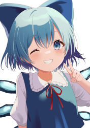 Rule 34 | 1girl, ;d, blue dress, blue eyes, blue hair, blush, bow, cirno, dress, grin, hair bow, highres, ice, ice wings, kamachi (kamati0maru), looking at viewer, neck ribbon, one eye closed, open mouth, pinafore dress, puffy sleeves, red ribbon, ribbon, shirt, short hair, short sleeves, simple background, sleeveless dress, smile, solo, touhou, upper body, v, white background, wings
