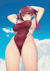 Rule 34 | 1girl, absurdres, arms behind head, blue sky, breasts, cloud, covered navel, day, hair ribbon, highres, hololive, houshou marine, huge filesize, large breasts, long hair, looking at viewer, one-piece swimsuit, open mouth, oshiruko (oshiruco 212048), red eyes, red hair, red one-piece swimsuit, red ribbon, ribbon, sky, smile, solo, swimsuit, twintails, virtual youtuber