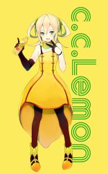 Rule 34 | 1girl, blonde hair, boots, bottle, c.c. lemon, c.c. lemon (character), character name, dress, elbow gloves, english text, food, food-themed clothes, fruit, gloves, green eyes, hair ribbon, lemon, long hair, open mouth, original, pantyhose, ribbon, scarf, short twintails, single elbow glove, single glove, smile, solo, tokio neo, twintails