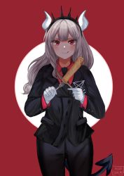 Rule 34 | 1girl, absurdres, artist name, black necktie, black pants, blue sealad, blush, closed mouth, collared shirt, demon tail, food, fork, gloves, helltaker, highres, holding, holding fork, holding knife, knife, long hair, long sleeves, looking at viewer, lucifer (helltaker), mole, mole under eye, necktie, pants, red background, red eyes, red shirt, shirt, simple background, smile, solo, tail, tongue, tongue out, white gloves, white hair