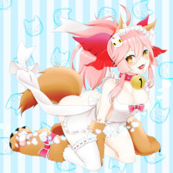 Rule 34 | 1girl, animal ears, animal hands, apron, ass, bell, breasts, cleavage, collar, fate/grand order, fate (series), fox ears, fox tail, gloves, hair ribbon, long hair, looking at viewer, naked apron, neck bell, open mouth, paw gloves, paw shoes, pink hair, ribbon, shirayuki touya, shoes, solo, tail, tamamo (fate), tamamo cat (fate), tamamo cat (third ascension) (fate), tamamo no mae (fate/extra), thighhighs, yellow eyes