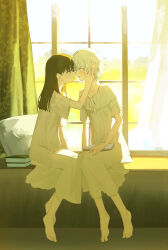 Rule 34 | 2girls, absurdres, barefoot, black hair, blush, book, commentary request, curtains, cushion, day, dress, forehead-to-forehead, full body, grey eyes, hand on another&#039;s face, heads together, highres, indoors, long hair, multiple girls, nago nago, noses touching, original, parted lips, profile, short hair, short sleeves, sitting, white dress, white hair, window, yuri