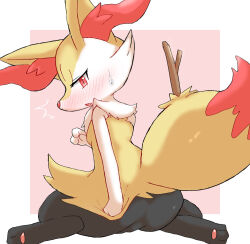 Rule 34 | 1girl, ^^^, animal ear fluff, animal ears, animal feet, animal hands, animal nose, ass, black fur, blush, body fur, border, botan (tabon00001942), braixen, breasts, covering ass, covering privates, creatures (company), embarrassed, fang, female focus, fox ears, fox girl, fox tail, from behind, full body, furry, furry female, game freak, gen 6 pokemon, half-closed eyes, hand up, highres, looking at viewer, looking back, multicolored fur, neck fur, nintendo, nose blush, open mouth, outside border, pawpads, pink background, pokemon, pokemon (creature), red eyes, sideways mouth, simple background, sitting, skin fang, small breasts, snout, solo, stick, sweat, tail, wariza, white border, white fur, yellow fur