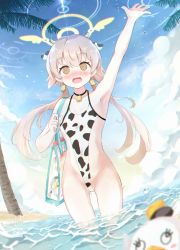 Rule 34 | 1girl, @ @, absurdres, animal ears, animal print, arm up, armpits, bag, blue archive, blush, breasts, cleavage, collarbone, commentary request, cow ears, cow horns, cow print, cowbell, halo, hifumi (blue archive), highleg, highres, horns, huge filesize, i-tsd, low twintails, navel, ocean, palm tree, peroro (blue archive), sky, small breasts, swimsuit, tree, twintails, water, water drop, yellow eyes