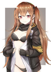 Rule 34 | 1girl, :3, black bra, black gloves, black panties, black ribbon, black scarf, bow, bow bra, bra, breasts, brown hair, cleavage, closed mouth, commentary request, fingerless gloves, girls&#039; frontline, gloves, grey background, hair ornament, hair ribbon, hairclip, hood, hoodie, long hair, looking at viewer, luse maonang, medium breasts, navel, open clothes, open hoodie, panties, photoshop (medium), red eyes, ribbon, scarf, sidelocks, simple background, smile, solo, twintails, two-tone background, ump9 (girls&#039; frontline), underwear, upper body, very long hair, white background, yellow bow