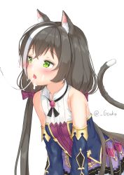 Rule 34 | absurdres, animal ear fluff, animal ears, bare shoulders, black hair, blouse, blue sleeves, breasts, cat ears, cat girl, cat tail, fangs, frilled skirt, frills, gouka, green eyes, highres, karyl (princess connect!), low twintails, multicolored hair, open mouth, princess connect!, shirt, skirt, sleeveless, sleeveless shirt, small breasts, suggestive fluid, tail, twintails, white background, white hair, white shirt
