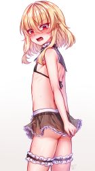 Rule 34 | 1boy, absurdres, arena of valor, ass, bikini, blonde hair, blush, clothes pull, embarrassed, from behind, highres, iggy (arena of valor), long hair, looking back, male focus, micro bikini, mizumizzumiz, open mouth, petite, red eyes, skirt, skirt pull, solo, source request, swimsuit, thigh strap, trap