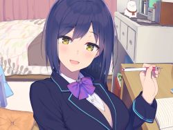 Rule 34 | 1girl, bad id, bad twitter id, bed, bedroom, blazer, blush, bow, bowtie, breasts, commentary request, desk, dress shirt, indoors, jacket, lips, looking at viewer, lunch (shin new), mechanical pencil, nijisanji, notebook, open mouth, pencil, purple hair, school uniform, shirt, shizuka rin, short hair, smile, solo, tongue, upper body, virtual youtuber, white shirt, yellow eyes