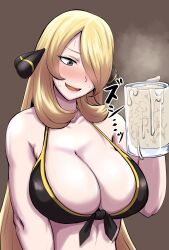 Rule 34 | 1girl, bare shoulders, bikini, bikini top only, black eyes, blonde hair, blush, breasts, brown background, cleavage, creatures (company), cum, cum in container, cum in cup, cup, cynthia (pokemon), embarrassed, female focus, game freak, hair over one eye, hand up, highres, holding mug, large breasts, long hair, looking at viewer, mug, nintendo, open mouth, pokemon, pokemon dppt, protohotel, simple background, sleeveless, smile, solo, sound effects, sweat, swimsuit, upper body