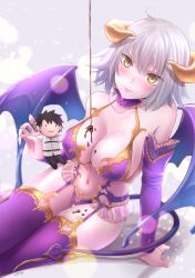 Rule 34 | 1girl, arm support, bare shoulders, blush, breasts, character doll, chocolate, cleavage, closed mouth, collarbone, cosplay, demon girl, demon horns, demon tail, demon wings, detached sleeves, fate/grand order, fate (series), fujimaru ritsuka (male), garter straps, halloween, horns, irisviel von einzbern, irisviel von einzbern (cosplay), irisviel von einzbern (halloween princess), jeanne d&#039;arc (fate), jeanne d&#039;arc (ruler) (fate), jeanne d&#039;arc alter (avenger) (fate), jeanne d&#039;arc alter (fate), large breasts, looking at viewer, navel, omizu (omz), purple thighhighs, revealing clothes, short hair, showgirl skirt, sideboob, silver hair, sitting, solo, stomach, tail, thigh gap, thighhighs, wings, yellow eyes