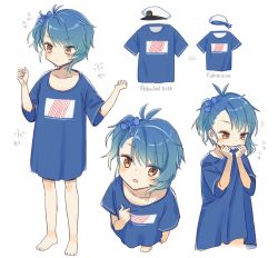Rule 34 | 1girl, barefoot, blue hair, blue shirt, brown eyes, commentary request, cowboy shot, fukae (kancolle), full body, gradient hair, kantai collection, multicolored hair, multiple views, oversized clothes, shirt, short hair, side ponytail, sidelocks, simple background, standing, t-shirt, white background, yamashichi (mtseven)