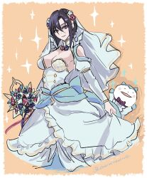 Rule 34 | 1boy, 1girl, blue dress, blue fur, bouquet, breasts, bridal veil, bride, cleavage, clothing cutout, dress, fire emblem, fire emblem engage, fire emblem heroes, flower, hair between eyes, highres, jewelry, nel (fire emblem), nel (stoic bride) (fire emblem), nintendo, official alternate costume, shoulder cutout, sommie (fire emblem), strapless, strapless dress, tuxedo, two-tone dress, two-tone fur, umi ( oneinchswing), veil, wedding dress, white dress, white fur
