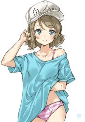 Rule 34 | 10s, 1girl, aged up, blue eyes, blue shirt, bow, bow panties, bra strap, brown hair, commentary request, cosplay, cowboy shot, hand in own hair, hand under clothes, hand under shirt, hat, hataraku saibou, headwear writing, highres, looking at viewer, love live!, love live! sunshine!!, off shoulder, panties, pink panties, platelet (hataraku saibou), platelet (hataraku saibou) (cosplay), shirt, short hair, signature, simple background, smile, solo, striped clothes, striped panties, takenoko no you, underwear, watanabe you, white background, white hat