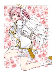 Rule 34 | 1girl, :d, absurdres, angel, angel wings, border, bow, dress, drill hair, feathered wings, floral background, foot out of frame, frilled dress, frills, from behind, hair between eyes, hair bow, halo, hand on own chest, highres, jashin-chan dropkick, long sleeves, looking at viewer, looking back, open mouth, outside border, outstretched arm, outstretched hand, pink eyes, pink hair, pino (jashin-chan dropkick), platform footwear, puffy long sleeves, puffy sleeves, shoes, short hair, smile, solo, twin drills, white border, white dress, white footwear, white wings, wings, yuuki shushu