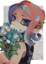 Rule 34 | 1girl, black eyes, black shirt, blue flower, bouquet, flower, from side, highres, holding, holding bouquet, looking at viewer, looking to the side, nintendo, octoling, octoling girl, octoling player character, open mouth, shirt, sleeveless, sleeveless shirt, solo, splatoon (series), splatoon 2, tentacle hair, turtleneck, upper body, white flower, zicbx