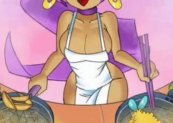 Rule 34 | 1girl, animated, animated gif, apron, bouncing breasts, breasts, cleavage, cooking, closed eyes, minuspal, naked apron, purple hair, shantae, shantae (series), smile, solo