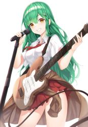 Rule 34 | 1girl, blush, breasts, brown eyes, brown sweater, cable, collarbone, cowboy shot, electric guitar, fender stratocaster, from below, g home, green hair, guitar, hair ornament, holding, instrument, irena (maplestory), large breasts, long hair, looking at viewer, maplestory, microphone, necktie, nipples, pleated skirt, red necktie, red skirt, shirt, short sleeves, simple background, skirt, smile, solo, sweater, teeth, white background, white shirt, wing collar