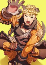 Rule 34 | 1boy, animal ears, black tank top, blonde hair, cropped jacket, fangs, feb itk, fur collar, granblue fantasy, highres, jacket, large pectorals, male focus, muscular, muscular male, official alternate costume, open clothes, open jacket, open mouth, orange jacket, paw pose, pectoral cleavage, pectorals, shirt, short hair, solo, tail, tank top, torn clothes, torn shirt, vane (granblue fantasy), vane (halloween) (granblue fantasy), white shirt, wolf boy, wolf ears, wolf paws, wolf tail