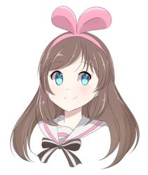 Rule 34 | 1girl, :d, bare shoulders, black ribbon, blue eyes, bow, bowtie, brown hair, closed mouth, collared shirt, detached sleeves, hair ribbon, happy, haruyuki 14, kizuna ai, kizuna ai inc., long hair, long sleeves, looking at viewer, multicolored hair, non-web source, open mouth, ribbon, sailor collar, shirt, smile, solo, streaked hair, upper body, virtual youtuber, white background, white shirt
