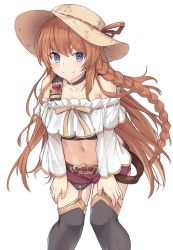 Rule 34 | 1girl, alternate costume, bare shoulders, belt, black choker, black thighhighs, blue eyes, braid, breasts, brown hair, brown shorts, casual, choker, cleavage, collarbone, commentary, crop top, garter straps, granblue fantasy, hands on own thighs, hat, hat ribbon, large breasts, leaning forward, lecia (granblue fantasy), long braid, long hair, long sleeves, looking at viewer, midriff, navel, off-shoulder shirt, off shoulder, red shorts, ribbon, shirt, shiseki hirame, short shorts, shorts, simple background, single braid, smile, solo, standing, sun hat, thighhighs, very long hair, white background, white shirt
