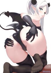 Rule 34 | 1girl, alternate costume, ass, bare shoulders, black gloves, black panties, black thighhighs, blush, cameltoe, demon horns, demon tail, demon wings, elf, feet, frieren, from behind, from below, furrowed brow, gloves, green eyes, hands on own ass, highres, horns, kneeling, long hair, looking at viewer, looking back, nutsbutty, panties, parted bangs, parted lips, pointy ears, skindentation, soles, solo, sousou no frieren, spread ass, tail, thick thighs, thighhighs, thighs, toes, twintails, twitter username, underwear, white hair, wings