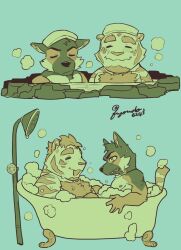 Rule 34 | 2boys, animal ears, another eidos-r, artist name, barlitz (another eidos), bath, bathing, bathtub, blush, bubble, bubble bath, chibi, clenched teeth, closed eyes, commentary request, completely nude, corca (another eidos), dog boy, dog ears, facing another, furry, furry male, fuyodo, green background, highres, looking at another, male focus, multiple boys, nude, onsen, open mouth, shower head, steam, tail, teeth, tiger boy, tiger ears, tiger stripes, tiger tail, towel, towel on head, upper body