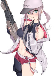 Rule 34 | 1girl, aqua eyes, ar-57, ar-57 (girls&#039; frontline), arm up, assault rifle, black gloves, black tank top, black thighhighs, blush, breasts, carbine, closed mouth, crop top, feet out of frame, fingerless gloves, furuyama itaru, girls&#039; frontline, gloves, gun, holding, holding gun, holding weapon, jacket, long hair, looking at viewer, medium breasts, nail polish, navel, open clothes, open jacket, personal defense weapon, pink hair, pink nails, pink shorts, pistol-caliber carbine, rifle, shorts, single thighhigh, smile, solo, standing, submachine gun, tank top, thighhighs, weapon, white background, white headwear, white jacket