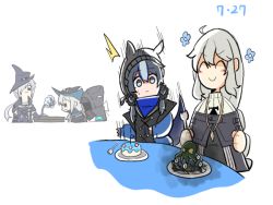 Rule 34 | 1other, 4girls, arknights, birthday, blue eyes, blue hair, chibi, commentary, dated, double bun, english commentary, fork, gladiia (arknights), glaucus (arknights), hair bun, hat, jewelry, long sleeves, low twintails, multicolored hair, multiple girls, necklace, octopus, omo (h98013114), parody, poptepipic, silver hair, skadi (arknights), specter (arknights), streaked hair, sweatdrop, tail, tray, twintails