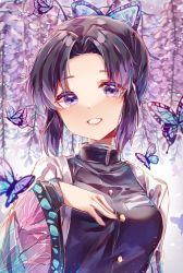 Rule 34 | 1girl, absurdres, ayatsuki sugure, black hair, black jacket, breasts, bug, butterfly, butterfly hair ornament, commentary request, grin, hair ornament, hand on own chest, haori, highres, insect, jacket, japanese clothes, kimetsu no yaiba, kochou shinobu, long sleeves, looking at viewer, medium breasts, medium hair, multicolored hair, open clothes, parted bangs, purple eyes, purple hair, smile, solo, wide sleeves