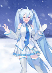 Rule 34 | 1girl, absurdres, bad id, bad pixiv id, bare shoulders, blue hair, blue necktie, blue sky, closed eyes, commentary, detached sleeves, facing viewer, feet out of frame, gloves, hair ornament, hands up, hatsune miku, highres, light blue hair, long hair, mittens, mountainous horizon, necktie, night, open mouth, outdoors, shirt, single glove, single mitten, skirt, sky, sleeveless, sleeveless shirt, smile, snow, snowing, solo, standing, thighhighs, twintails, very long hair, vocaloid, white shirt, white skirt, white sleeves, white thighhighs, yayako (804907150), yuki miku, yuki miku (2010), zettai ryouiki