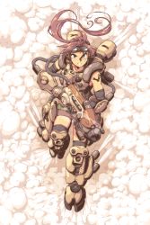 Rule 34 | 1girl, armor, armored boots, bandaid, bandaid on face, bodysuit, boots, brown eyes, brown hair, clenched teeth, commentary, explosion, firefall, full body, goggles, goggles on head, highres, hose, industrial pipe, john su, looking at viewer, open mouth, running, smoke, steam, steam (platform), steampunk, teeth, weapon