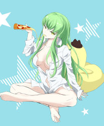 Rule 34 | 1girl, bad id, bad pixiv id, barefoot, blue background, bottomless, breasts, c.c., cheese-kun, cheese trail, cleavage, code geass, collarbone, den (kur0 yuki), dress shirt, eating, fedora, feet, food, full body, green hair, hat, holding, holding food, indian style, knees, legs, long hair, medium breasts, naked shirt, open clothes, open shirt, pizza, pizza slice, shirt, sidelocks, simple background, sitting, solo, star (symbol), starry background, toes, very long hair, yellow eyes