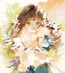 Rule 34 | 1girl, :o, brown hair, bug, butterfly, deemo, flower, girl (deemo), hands up, highres, insect, long hair, looking at viewer, niwa haruki, petals, piano keys, sheet music, solo, standing, very long hair, white butterfly