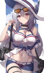 Rule 34 | 1girl, arknights, bag, bare shoulders, blue shorts, breasts, cleavage, commentary, cowboy shot, eyewear on head, hair between eyes, hand up, hat, highres, large breasts, long hair, looking at viewer, navel, off-shoulder shirt, off shoulder, official alternate costume, red eyes, shirt, short shorts, shorts, shoulder bag, silver hair, skadi (arknights), skadi (waverider) (arknights), solo, stomach, stratoz, sun hat, sunglasses, very long hair, white hat, white shirt