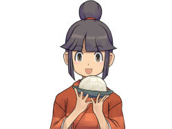 Rule 34 | 1girl, blush, brown eyes, brown hair, hair ornament, hair up, inazuma eleven, inazuma eleven (series), inazuma eleven go, inazuma eleven go chrono stone, japanese clothes, kimono, long hair, looking at viewer, okatsu (inazuma eleven), oniyan, open mouth, simple background, solo, upper body, white background