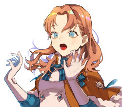 Rule 34 | 1girl, annette fantine dominic, artist name, blue eyes, bow, bowtie, capelet, fire emblem, fire emblem: three houses, gloves, highres, long hair, nintendo, open mouth, orange hair, simple background, solo, surprised, upper body, white background, white gloves, yachimata 1205