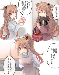 Rule 34 | 1girl, :o, apron, bag, blonde hair, breasts, closed eyes, comic, commentary request, food, hair between eyes, hair ribbon, heterochromia, highres, hirune (konekonelkk), holding, holding bag, holding food, jacket, kantai collection, large breasts, long hair, looking at viewer, murasame (kancolle), open mouth, orange eyes, ponytail, red eyes, ribbon, scarf, solo, sweater, translation request, turtleneck, turtleneck sweater