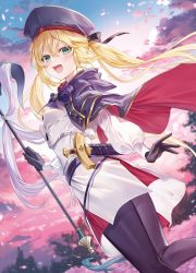 Rule 34 | 1girl, artoria caster (fate), artoria caster (second ascension) (fate), artoria pendragon (fate), belt, beret, black gloves, black pantyhose, blonde hair, blue belt, blue capelet, blue hat, blush, bow, breasts, buttons, cape, capelet, commentary request, dress, falling petals, fate/grand order, fate (series), feet out of frame, flower, gloves, gold trim, green eyes, hair between eyes, hat, highres, holding, holding staff, hood, hooded cape, knife, long hair, long sleeves, looking at viewer, multicolored capelet, o-ring, o-ring belt, open mouth, pantyhose, petals, pink flower, sky, smile, solo, staff, striped belt, teeth, twintails, upper teeth only, weapon, white dress, yuya (night lily)