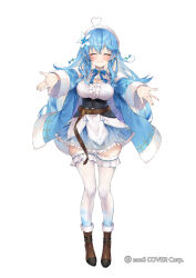 Rule 34 | 1girl, ahoge, belt, beret, blue bow, blue bowtie, blue coat, blue corset, blue hair, blue skirt, blush, boots, bow, bowtie, braid, breasts, brown belt, brown footwear, center frills, cleavage cutout, closed eyes, clothing cutout, coat, collared shirt, colored tips, commentary request, copyright notice, corset, crossed bangs, double-parted bangs, flower, frilled shirt, frilled skirt, frilled thighhighs, frills, full body, fur-trimmed boots, fur-trimmed coat, fur trim, hair between eyes, hair flower, hair ornament, half updo, hat, heart, heart ahoge, high heel boots, high heels, highres, hololive, izumi kei, large breasts, leather belt, long hair, miniskirt, multicolored hair, off shoulder, official art, open hands, outstretched arms, plaid, plaid bow, plaid bowtie, pleated skirt, pointy ears, reaching, reaching towards viewer, shirt, simple background, skirt, sleeveless, sleeveless shirt, smile, snowflake hair ornament, snowflake print, solo, standing, straight-on, streaked hair, thighhighs, underbust, very long hair, virtual youtuber, white background, white hat, white shirt, white thighhighs, yellow eyes, yukihana lamy, yukihana lamy (1st costume)