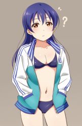 Rule 34 | 10s, 1girl, ?, bikini, blue bikini, blue hair, breasts, brown eyes, cleavage, cowboy shot, grey background, hands in pockets, jacket, light frown, long hair, long sleeves, love live!, love live! school idol project, navel, open clothes, open jacket, simple background, small breasts, solo, sonoda umi, swimsuit, turkey min, yellow eyes