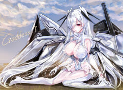 Rule 34 | bodysuit, breasts, cinderella (nikke), cleavage cutout, closed mouth, clothing cutout, goddess of victory: nikke, hair over one eye, highres, large breasts, leg cutout, long bangs, long hair, mintes, navel, navel cutout, outdoors, red eyes, sitting, sky, smile, twintails, very long hair, white bodysuit, white hair