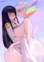 Rule 34 | 2girls, absurdres, black hair, blush, breasts, dress, eye contact, food, highres, implied futanari, incest, kill la kill, kiryuuin ragyou, kiryuuin satsuki, large breasts, looking at another, mature female, mother and daughter, multicolored hair, multiple girls, norza, pocky, scar, scar on back, smile, suggestive fluid, sweat, thighs
