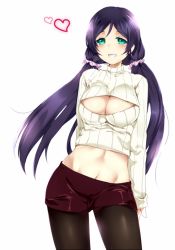 Rule 34 | 10s, 1girl, bad id, bad pixiv id, breasts, cleavage, cleavage cutout, clothing cutout, green eyes, heart, large breasts, long hair, love live!, love live! school idol project, meme attire, midriff, miniskirt, mizutori mishi, navel, open-chest sweater, pantyhose, purple hair, ribbed sweater, simple background, skirt, smile, solo, sweater, tojo nozomi, turtleneck, twintails, white background