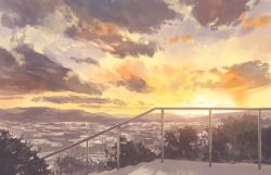 Rule 34 | berabou, city, cloud, cloudy sky, limited palette, no humans, outdoors, plant, railing, scenery, sky, stairs, sunlight, sunset, tree