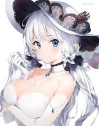 Rule 34 | 1girl, absurdres, arm under breasts, armlet, azur lane, bare shoulders, blue eyes, blue gemstone, blunt bangs, blush, breasts, choker, cleavage, collarbone, dress, elbow gloves, eyes visible through hair, gem, gloves, hair ornament, hair ribbon, hand in own hair, hat, highres, holding, holding hair, illustrious (azur lane), jewelry, lace-trim, lace-trimmed choker, lace trim, large breasts, long hair, looking at viewer, low twintails, mole, mole under eye, pendant, ribbon, simple background, smile, solo, sun hat, tress ribbon, twintails, umibouzu (niito), upper body, white background, white dress, white gloves, white hair, white hat