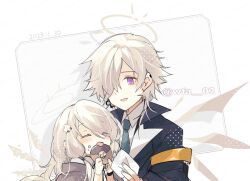 Rule 34 | :d, arknights, black jacket, black necktie, brown capelet, brown wings, capelet, character request, collared shirt, commentary request, detached wings, doughnut, eating, food, grey background, hair over one eye, halo, holding, holding food, itsuki 02, jacket, necktie, open mouth, purple eyes, shirt, smile, two-tone background, upper body, white background, white shirt, wings