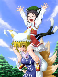 Rule 34 | 2girls, animal ears, animal hat, arms up, bell, black hair, blonde hair, blue sky, brown hair, carrying, cat ears, cat girl, cat tail, chen, closed eyes, cloud, day, fang, female focus, fox tail, hat, laughing, long sleeves, mob cap, multiple girls, multiple tails, ofuda, open mouth, outdoors, outstretched arms, mob cap, shoes, short hair, shoulder carry, sky, tail, tassel, touhou, tree, warabi mochi, wide sleeves, yakumo ran, yellow eyes