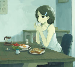 Rule 34 | 1girl, black eyes, black hair, bread slice, calendar (object), chair, coffee, commentary, cup, egg, egg (food), feet out of frame, food, fried egg, hair ornament, hairclip, holding, holding cup, indoors, kensight328, original, plate, revision, sausage, shadow, short hair, sitting, smile, solo, table, toast