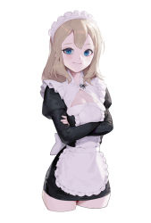 Rule 34 | 1girl, absurdres, apron, blonde hair, blue eyes, bow, breasts, cleavage, cleavage cutout, closed mouth, clothing cutout, cotta (heleif), cropped legs, crossed arms, frilled apron, frills, highres, light smile, looking at viewer, maid, maid apron, maid headdress, medium breasts, medium hair, original, simple background, solo, white apron, white background